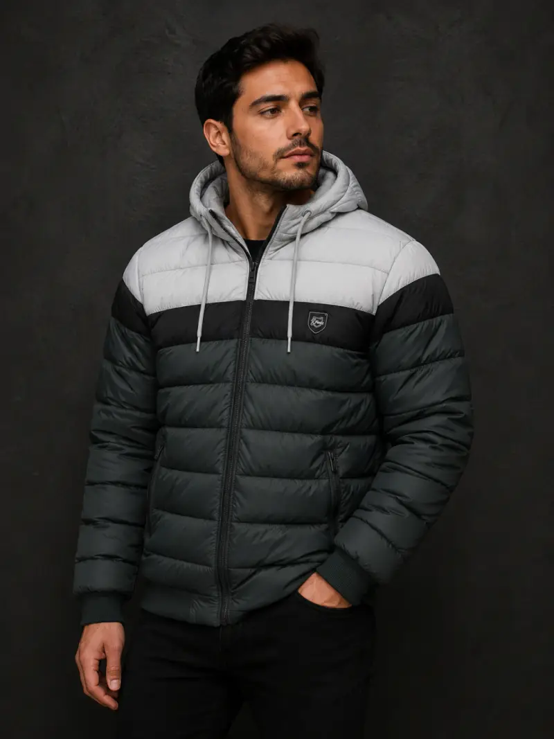 Jaqueta Puffer Triple (Cinza e Preto)